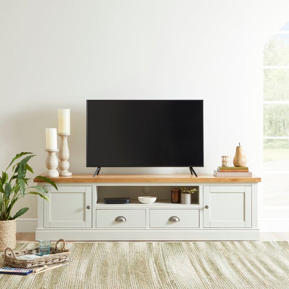 Natural wood and white store tv stand