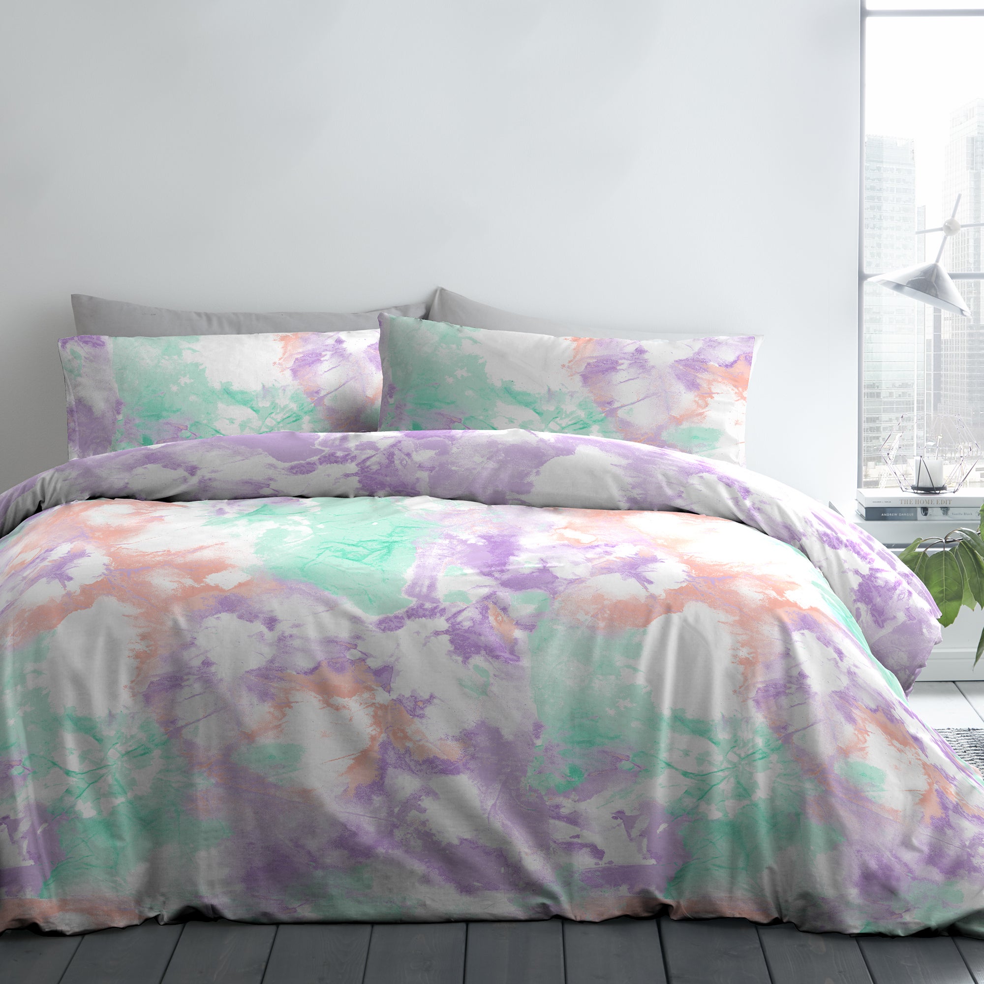 Fusion Tie Dye Reversible Duvet Cover And Pillowcase Set Greenpurplewhite