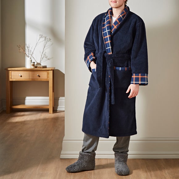 Sherpa Navy Checked Dressing Gown Dunelm
