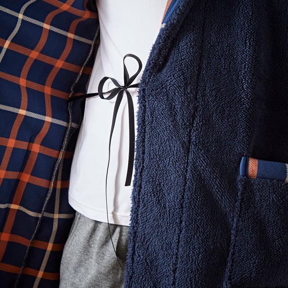 Sherpa Navy Checked Dressing Gown Dunelm