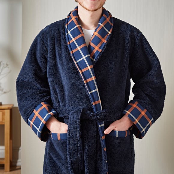 Sherpa Navy Checked Dressing Gown Dunelm