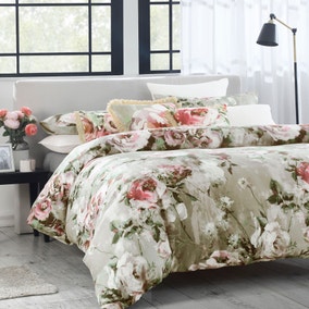 Avery Green Odette Floral Natural 100% Cotton Sateen Duvet Cover and Pillowcase Set