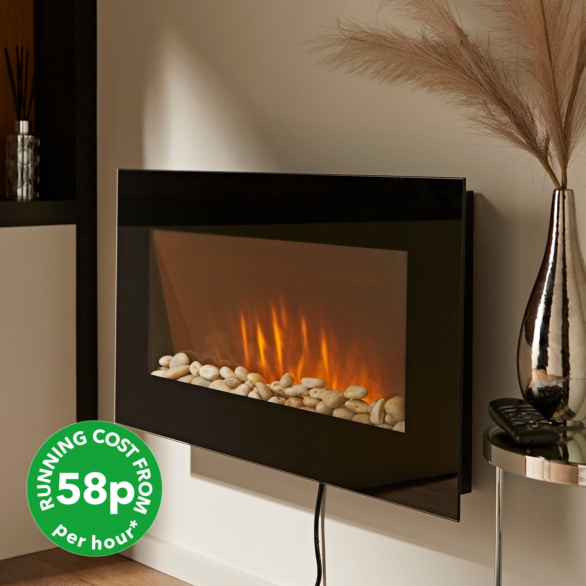 Dunelm Black Wall Mounted Electric Fire With Pebbles, 45.5cm x 78.5cm x 16.5cm Black