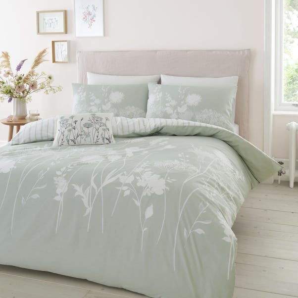 Catherine Lansfield Meadowsweet Floral Green Reversible Duvet Cover and Pillowcase Set  undefined