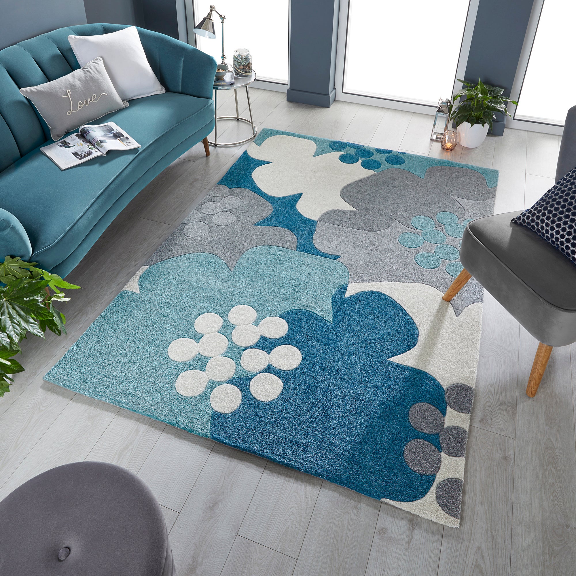 Retro Floral Rug Bluegreywhite