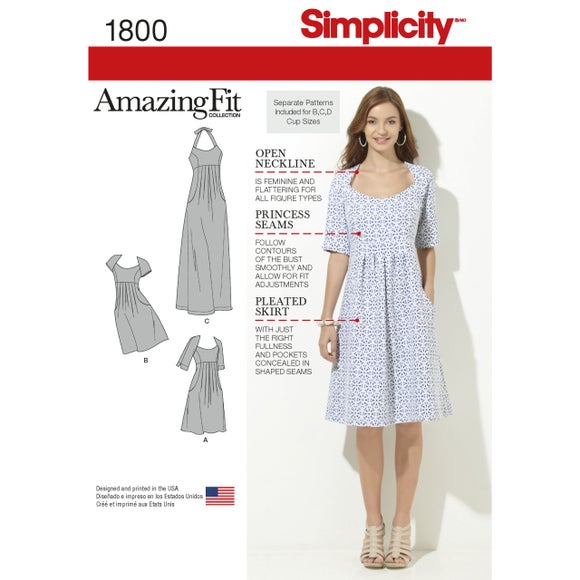 Simplicity 1800 Womens Amazing Fit Dress Sewing Pattern Dunelm