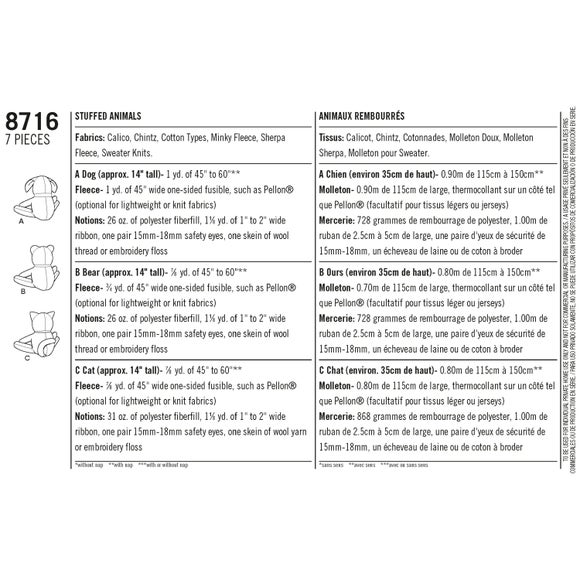 simplicity pattern 8716 stuffed animals