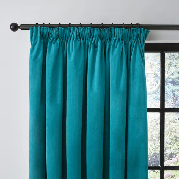 Recycled Velour Teal Pencil Pleat Curtains image 1 of 4
