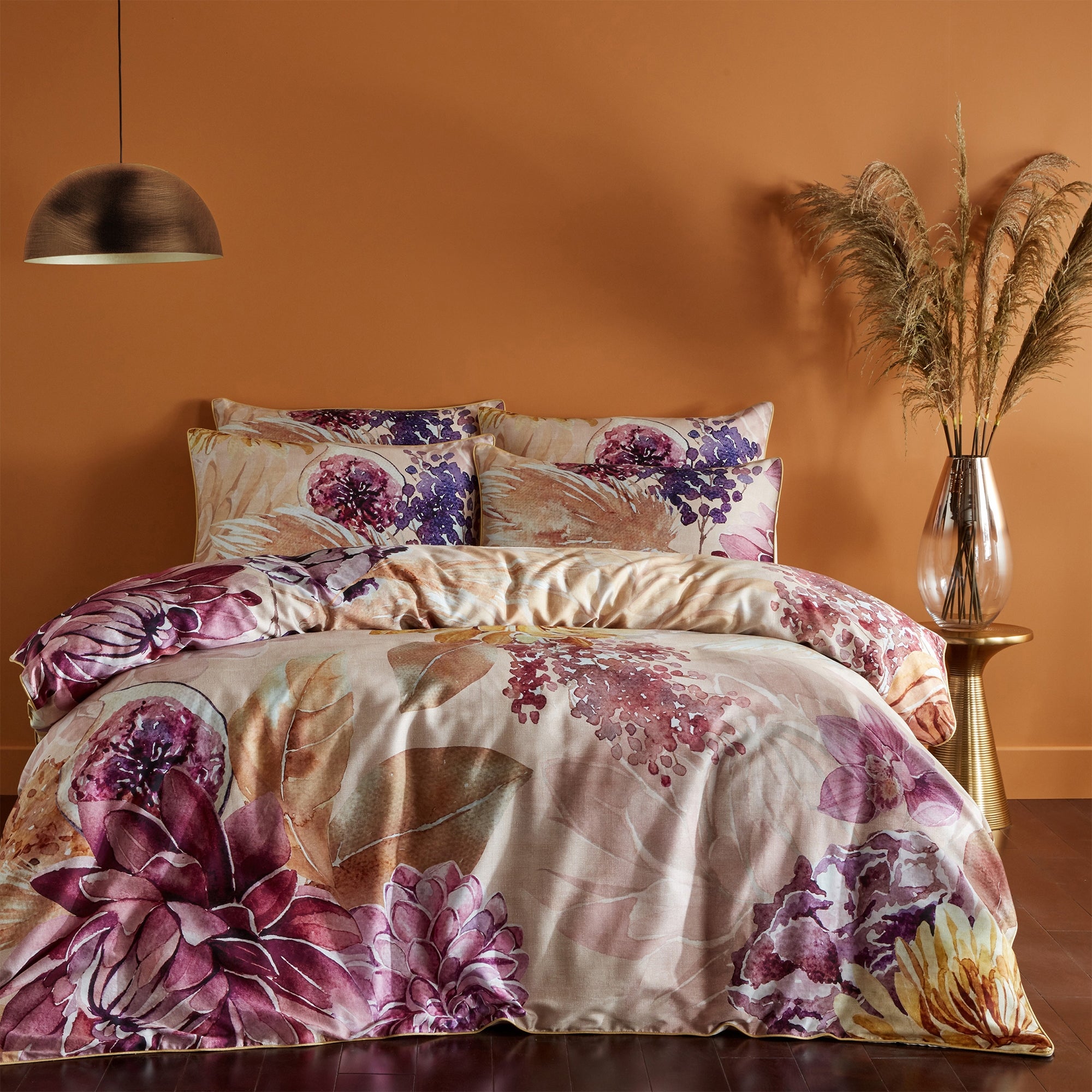Paoletti Saffa 100% Cotton Duvet Cover and Pillowcase Set Beige/purple