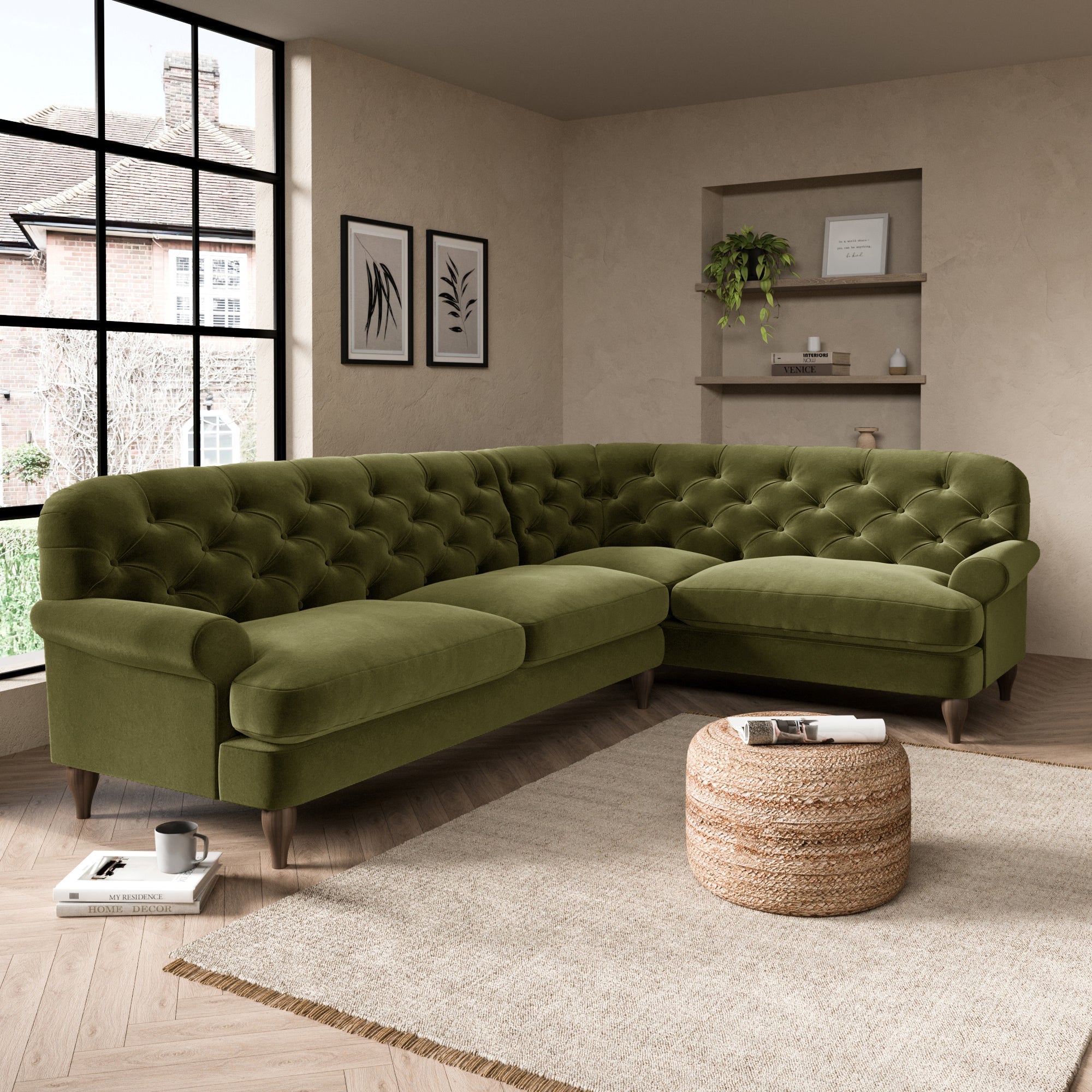 Canterbury Luxury Velvet Right Hand Corner Sofa Green