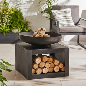 Large Black Fire Pit with Log Store