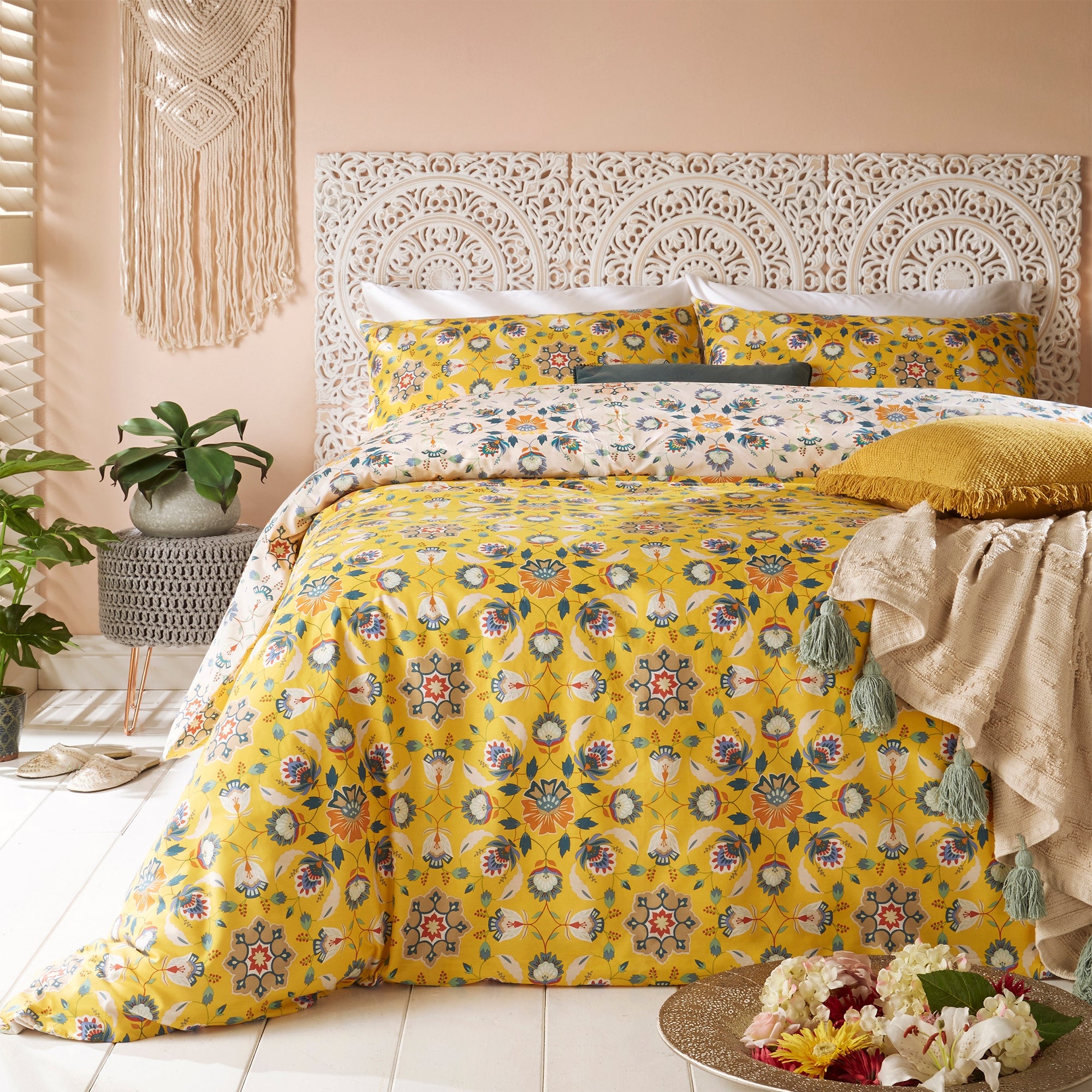 Furn Folk Flora Ochre Reversible Duvet Cover And Pillowcase Set Yellowbluewhite