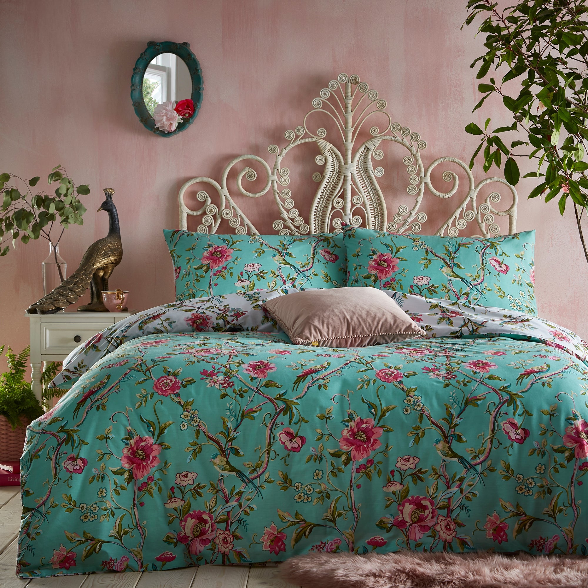 Furn Vintage Chinoiserie Jade Floral Reversible Duvet Cover And Pillowcase Set Green