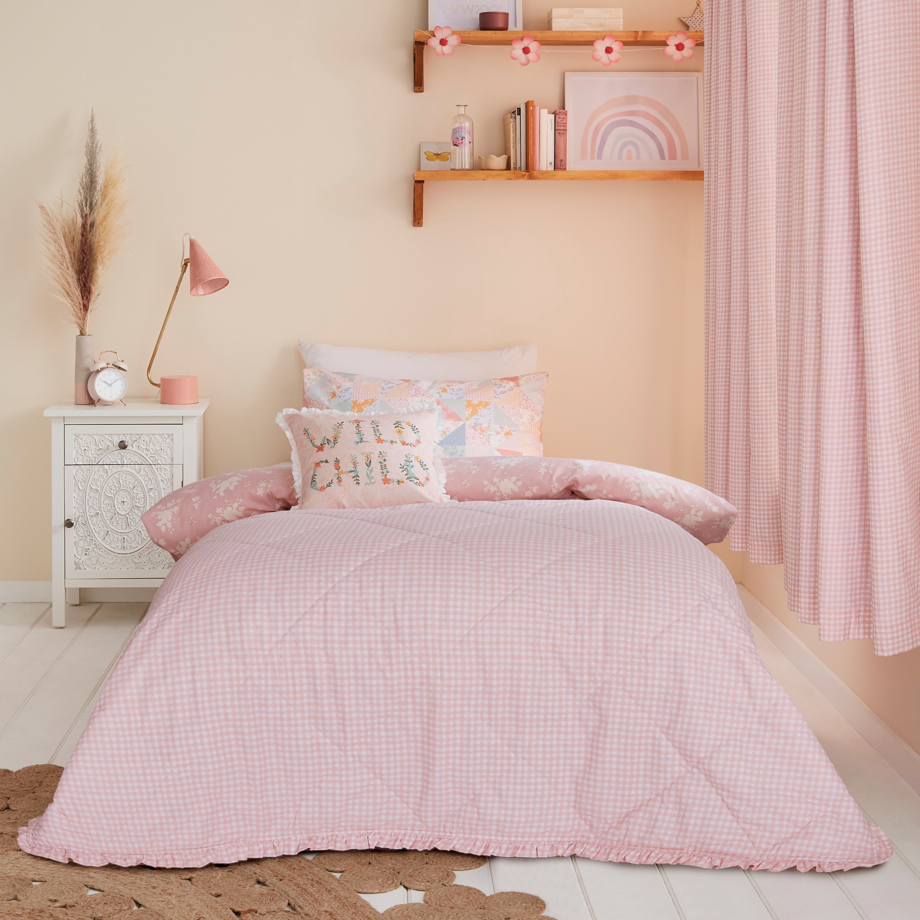 Peach Pink Gingham Ruffle 100 Cotton Bedspread Pink