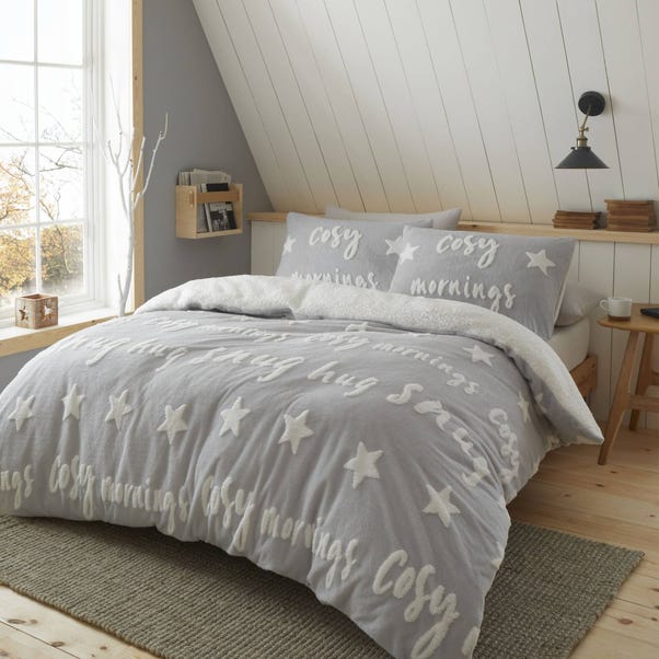 Catherine Lansfield Grey Cosy Tufted Fleece Duvet Cover and Pillowcase Set  undefined