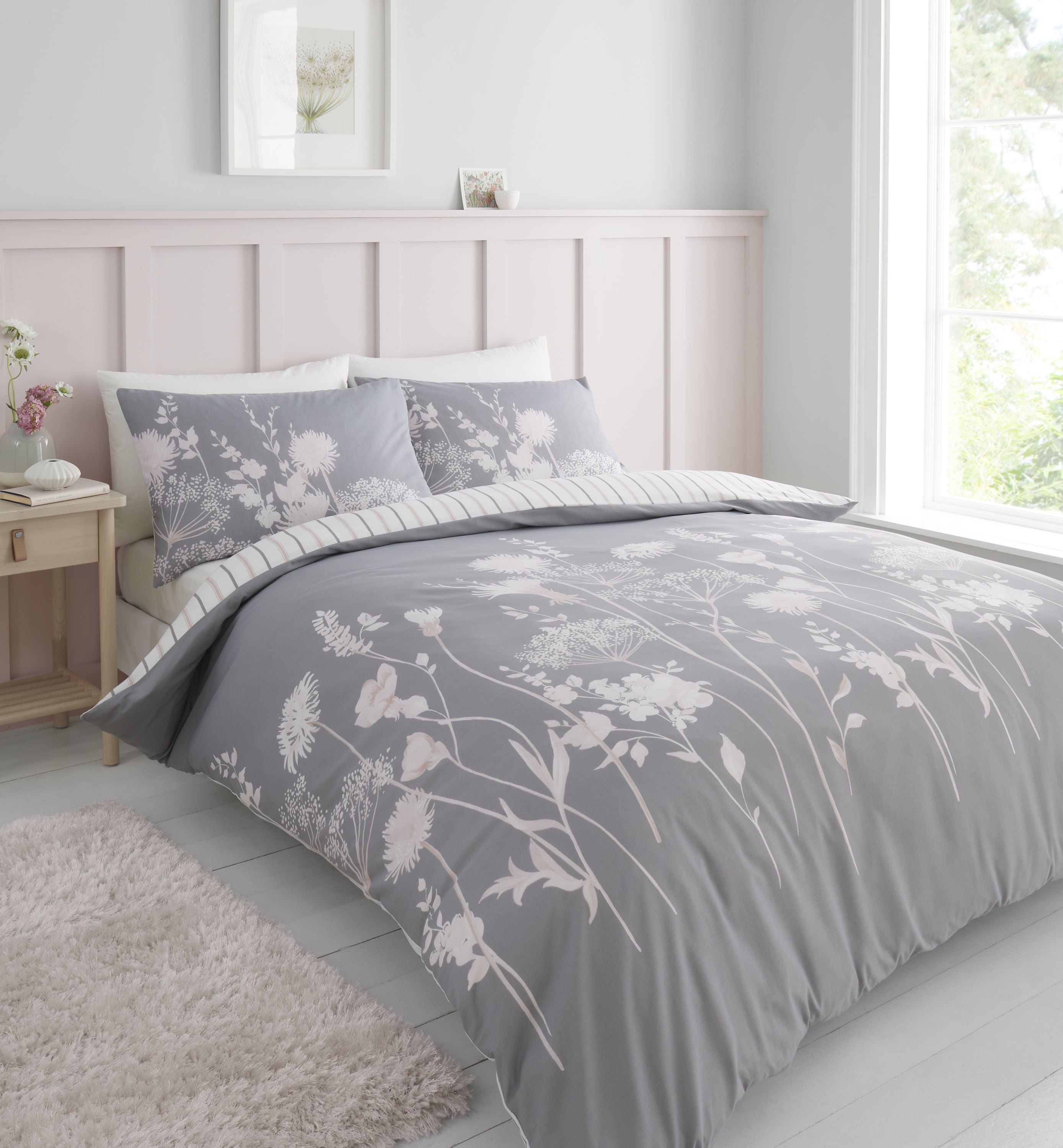 Catherine Lansfield Meadowsweet Floral Pink Duvet Cover And Pillowcase Set Pinkgrey