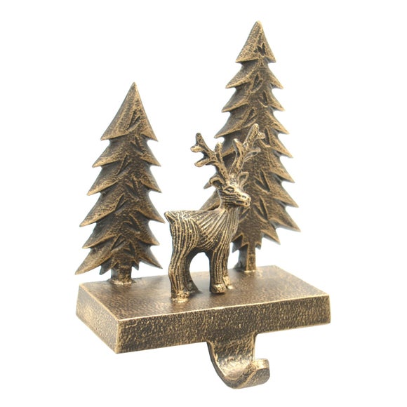 View Antique Brass Deer Scene Stocking Holder View Antique Brass Deer Scene Stocking Holder