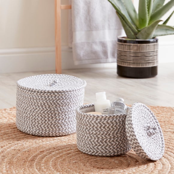 Gray woven store storage baskets