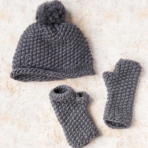 Wool Couture Ivy Hat and Fingerless Gloves Knitting Kit Grey