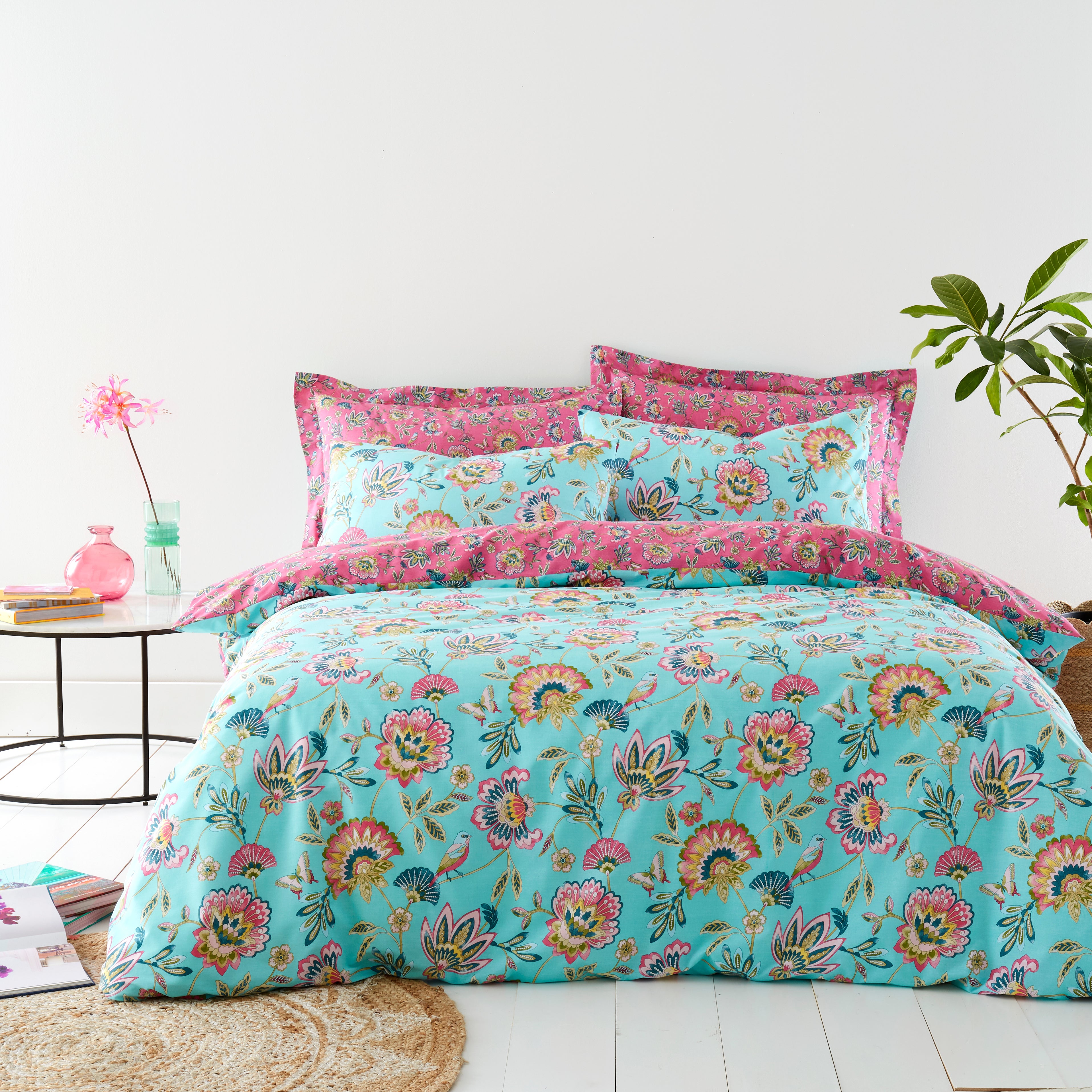 Image of Lana Floral Aqua Duvet Cover and Pillowcase Set Aqua (Blue)
