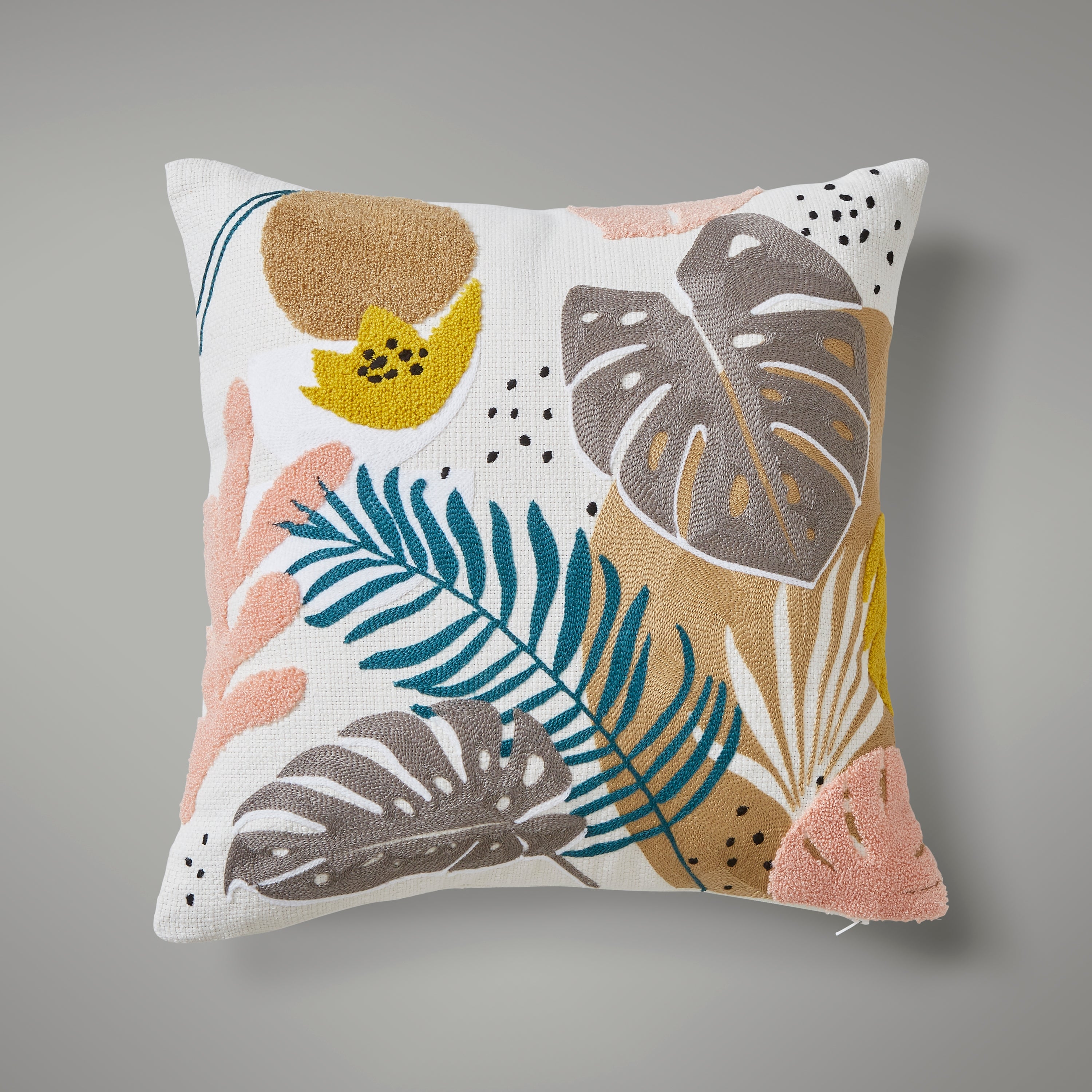Embroidered Tropical Leaf Cushion Cream