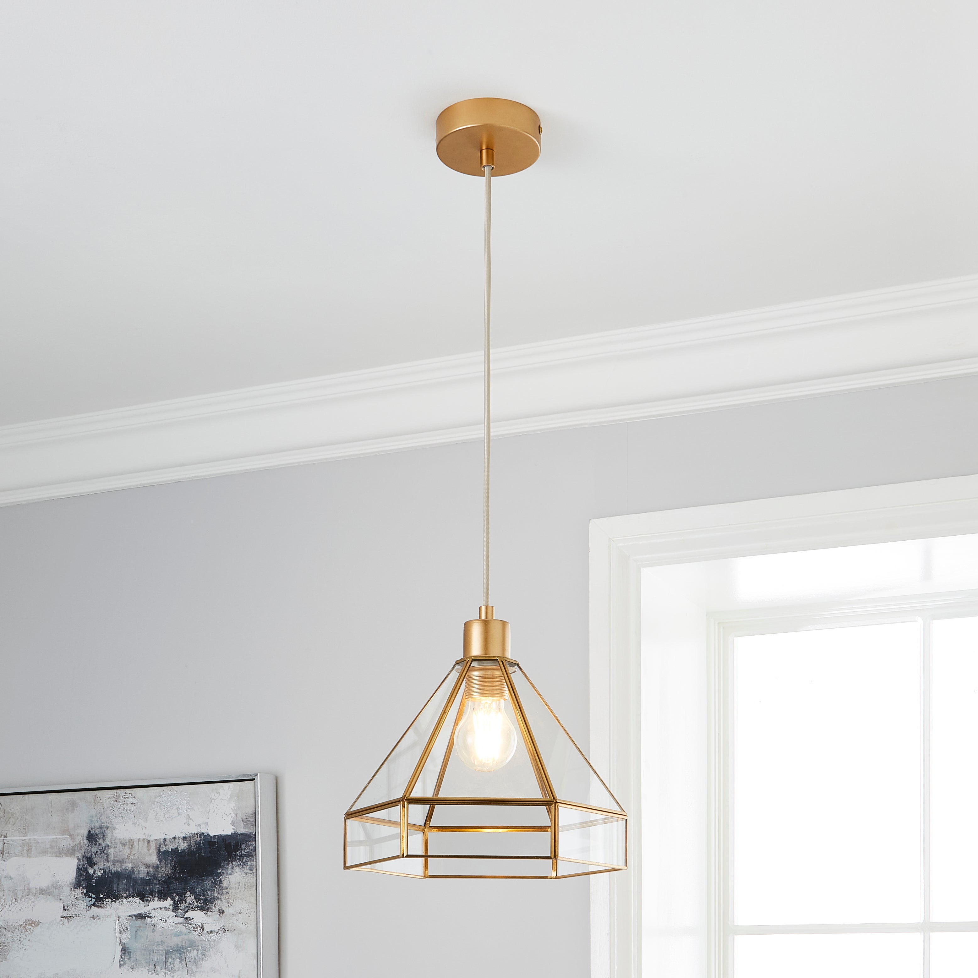 Click to view product details and reviews for Katja 1 Light Pendant Ceiling Fitting Brushed Gold.