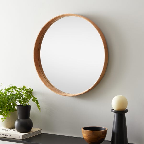 Elements Round Wall Mirror, Solid Oak 55cm  Light Oak