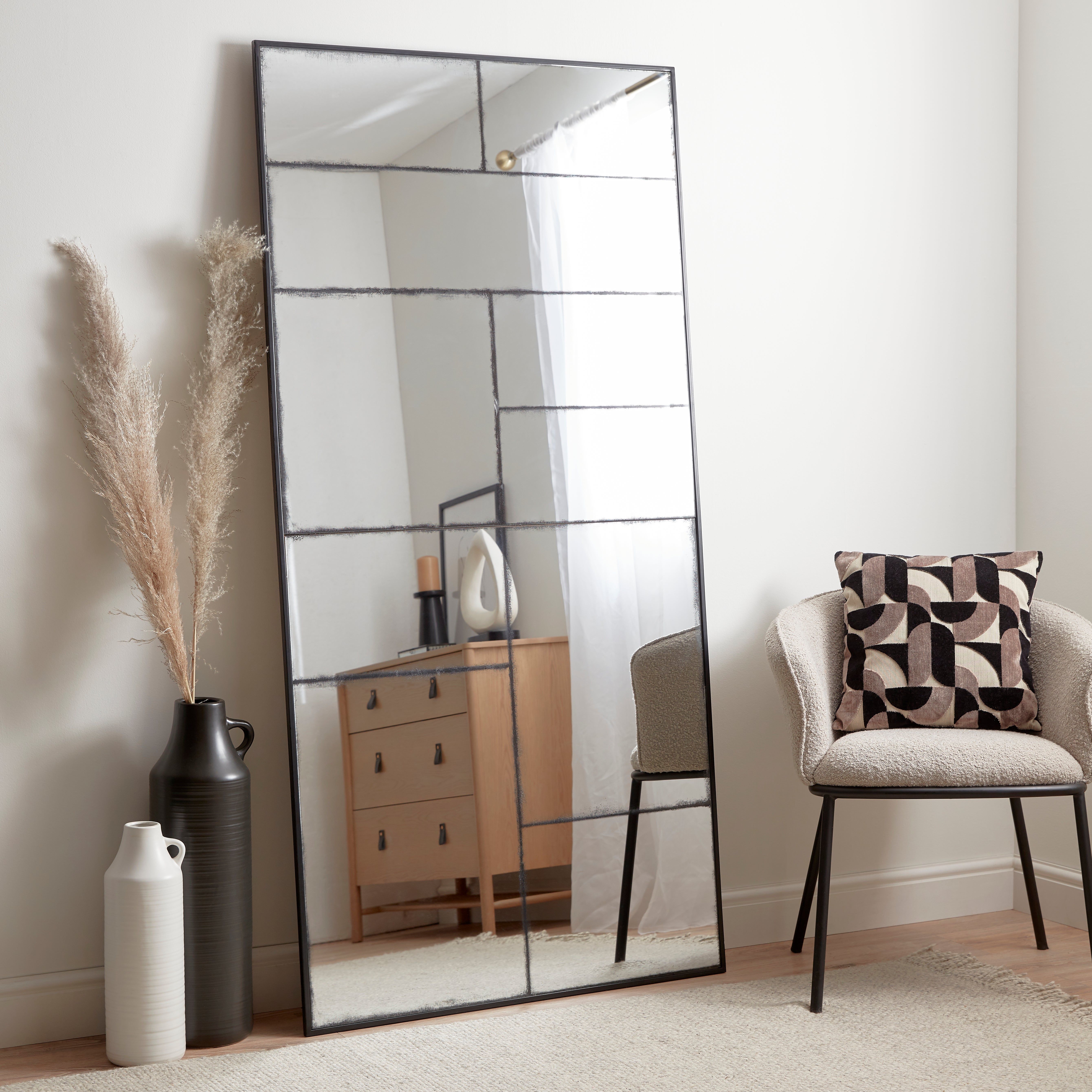 Click to view product details and reviews for Distressed Window Black Leaner Mirror 180cm X 90cm Black.