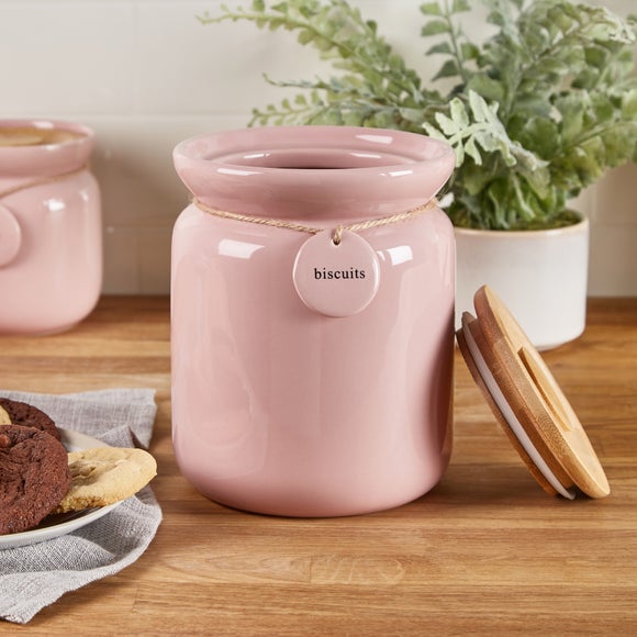 Pink Kitchen Canister with Swing Tag Label for Biscuits