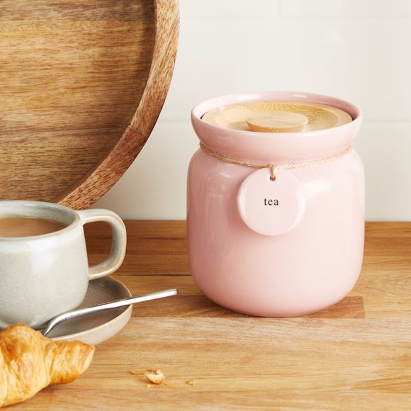 Pink Tea Kitchen Canister with Swing Tag Labelling
