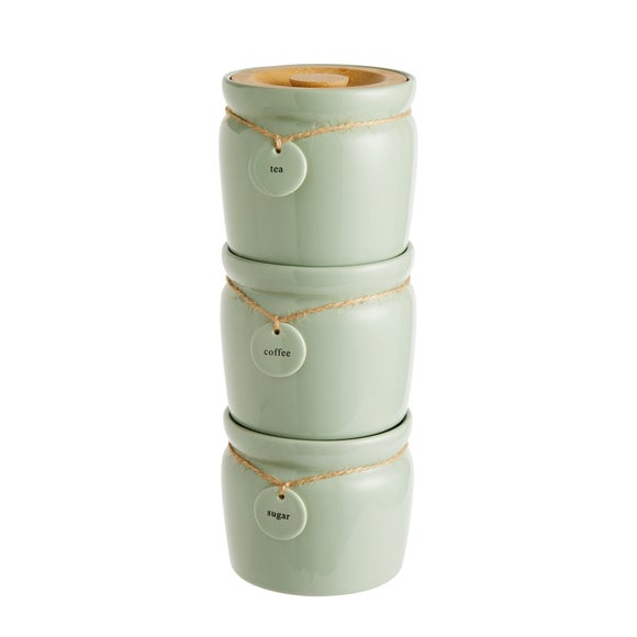 Stacking Tea Coffee Sugar Kitchen Canisters with Swing Labels in Green 