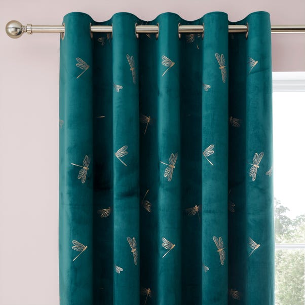 Dragonfly Foil Charm Blue Eyelet Curtains image 1 of 6