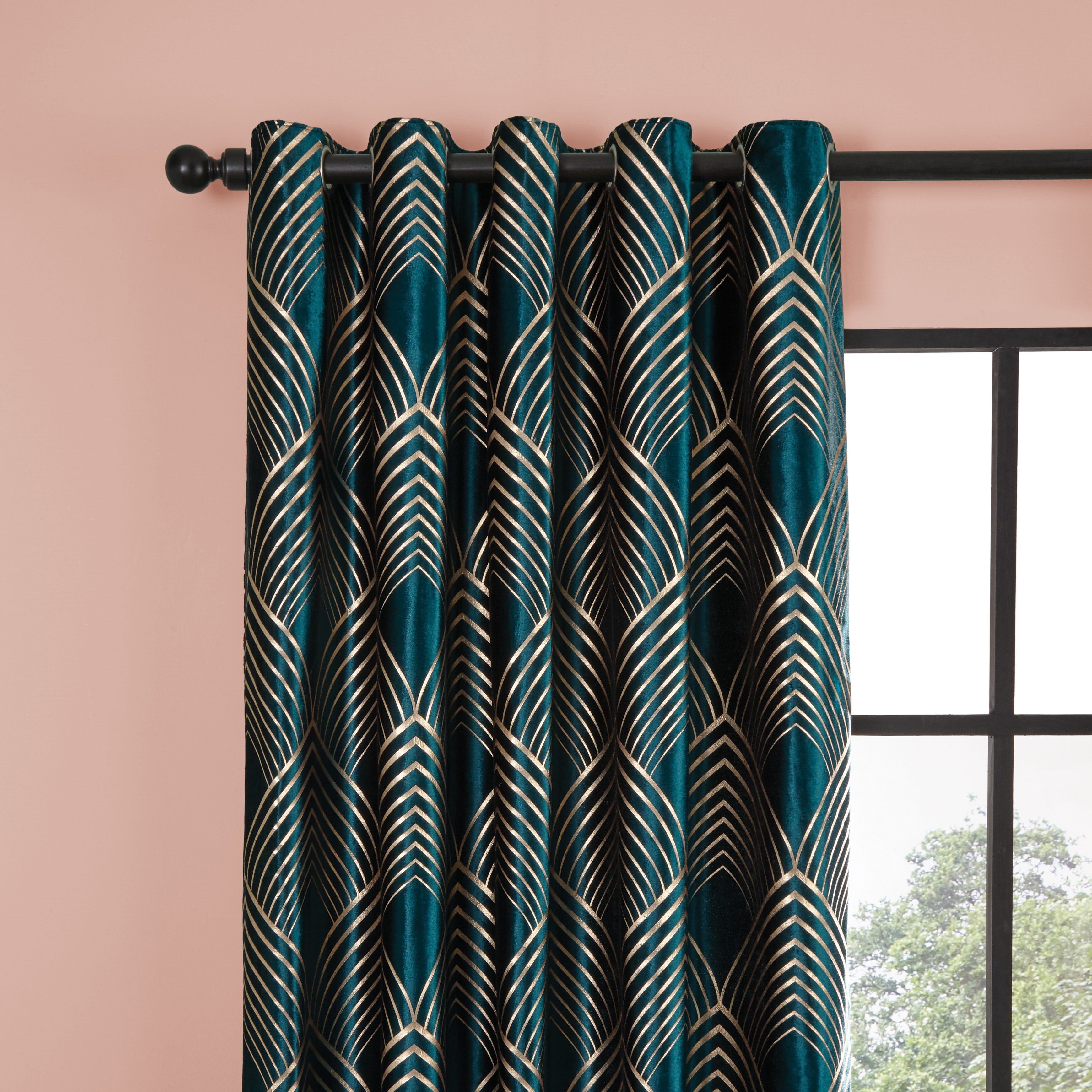 Geo Foil Peacock Eyelet Curtains