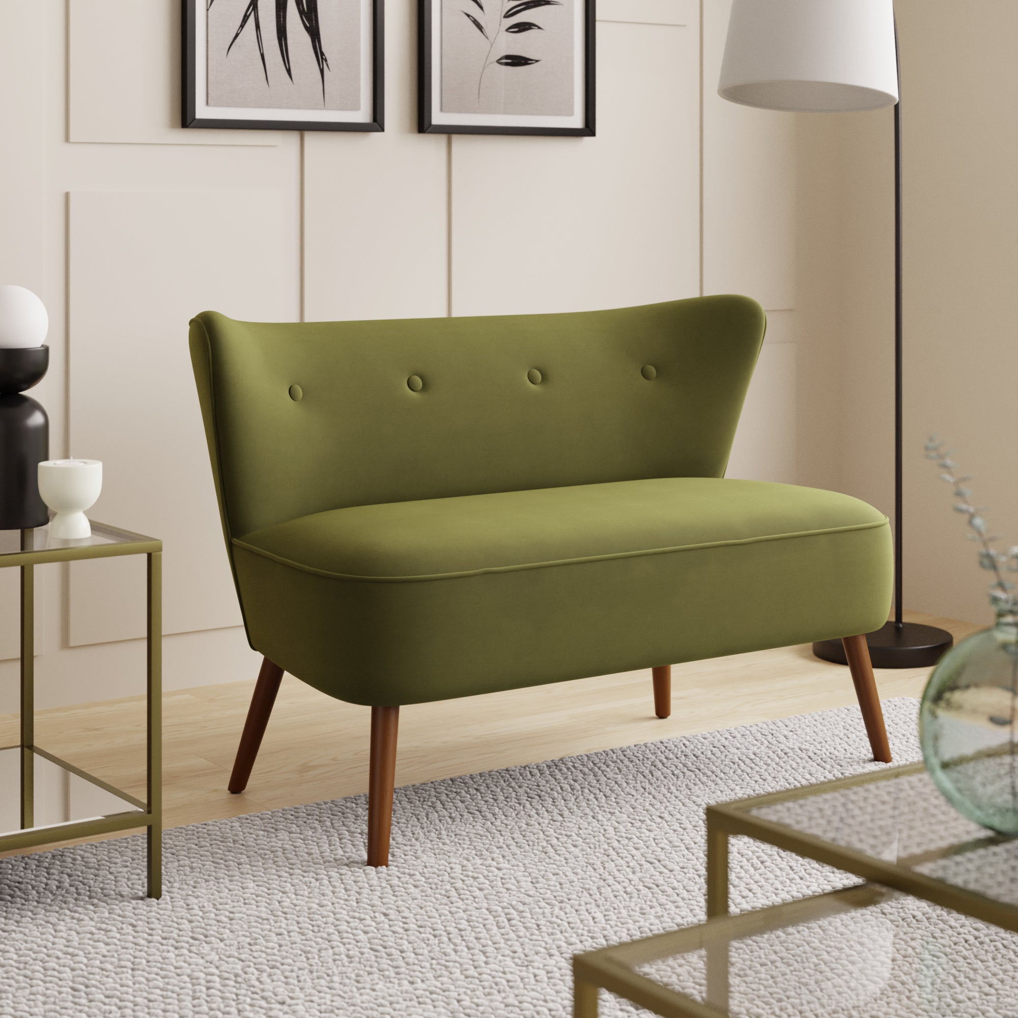 Eliza Velvet 2 Seater Compact Sofa Olive (Green)
