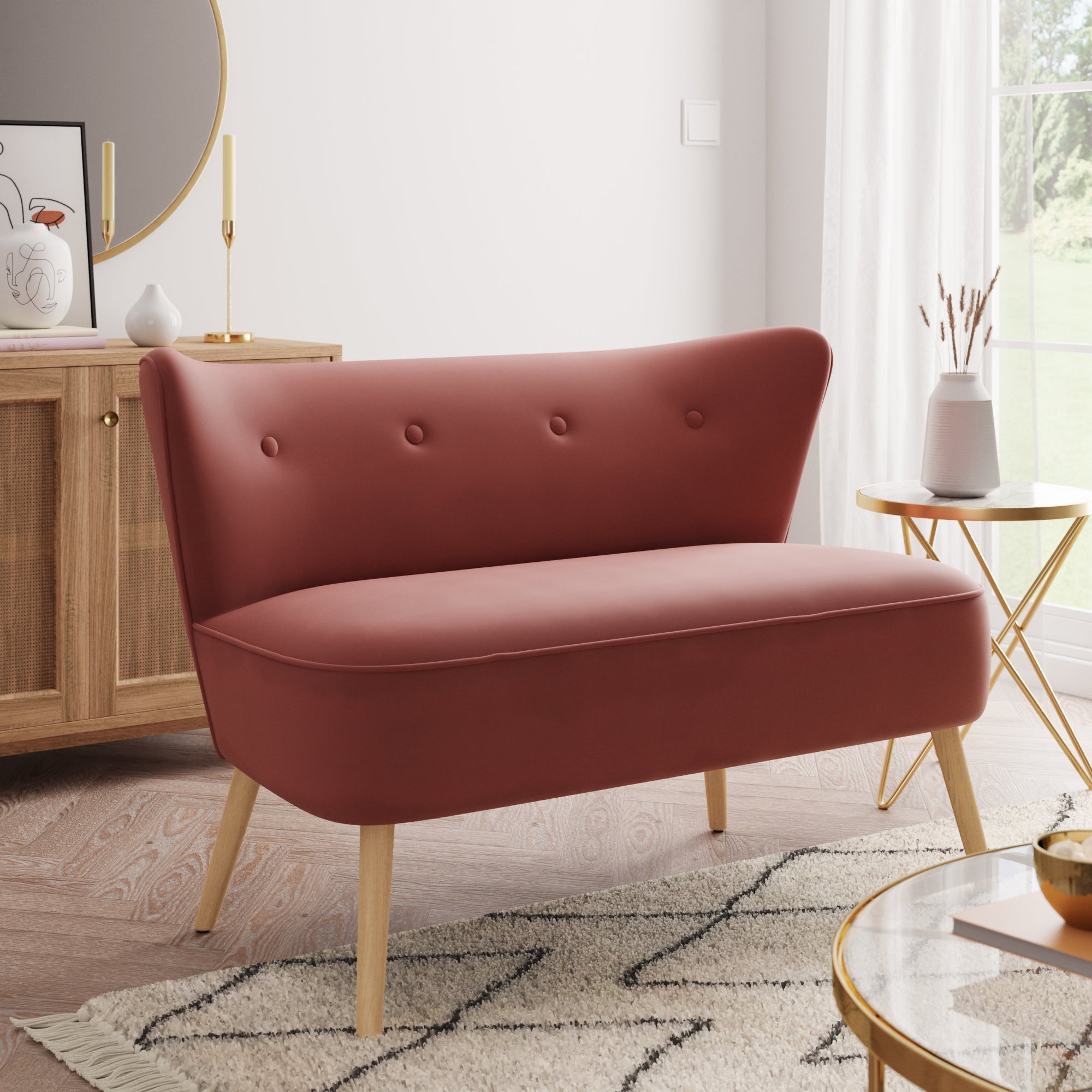 Eliza Velvet 2 Seater Compact Sofa Coral (Pink)