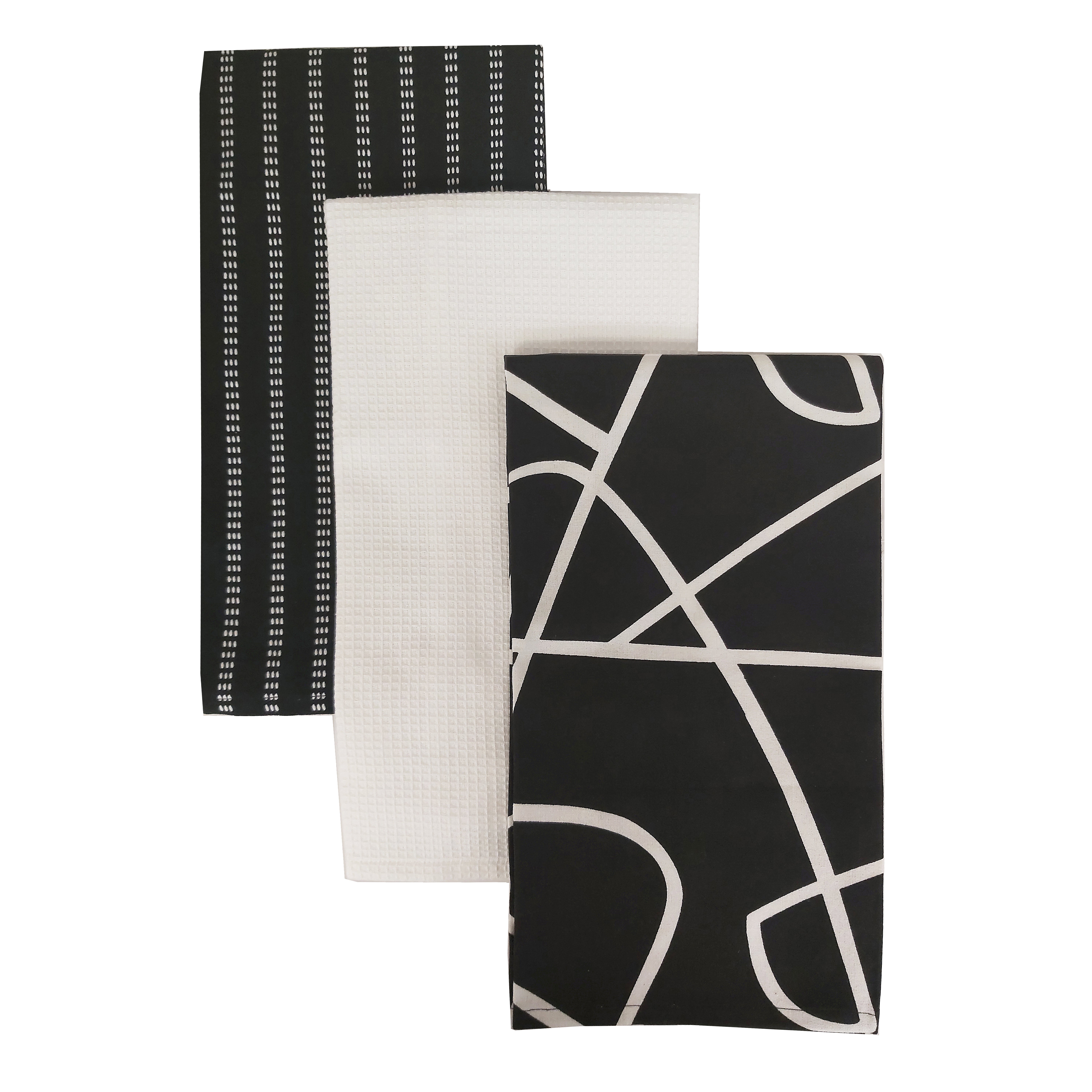 Set Of 3 Curves Tea Towel Black And White