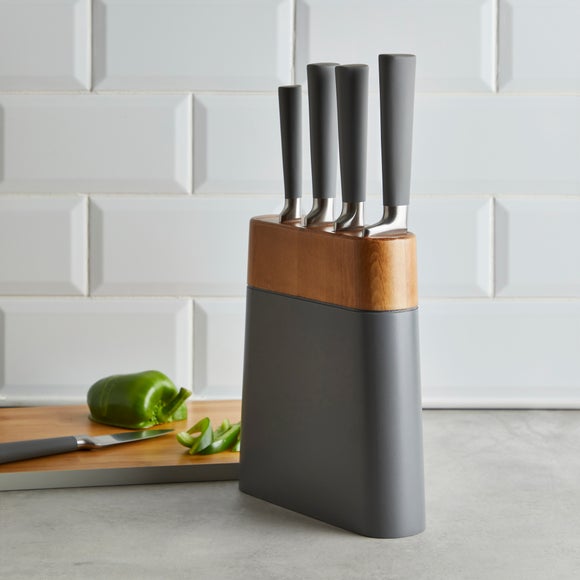 grey knife set and block