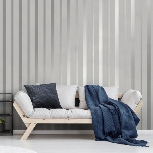 Platinum Rosco Foil Stripe Silver Wallpaper Dunelm