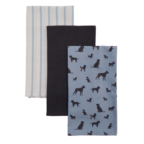 Set of 3 Dogs Tea Towels Blue