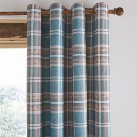 Catherine Lansfield Tweed Woven Check Teal Eyelet Curtains