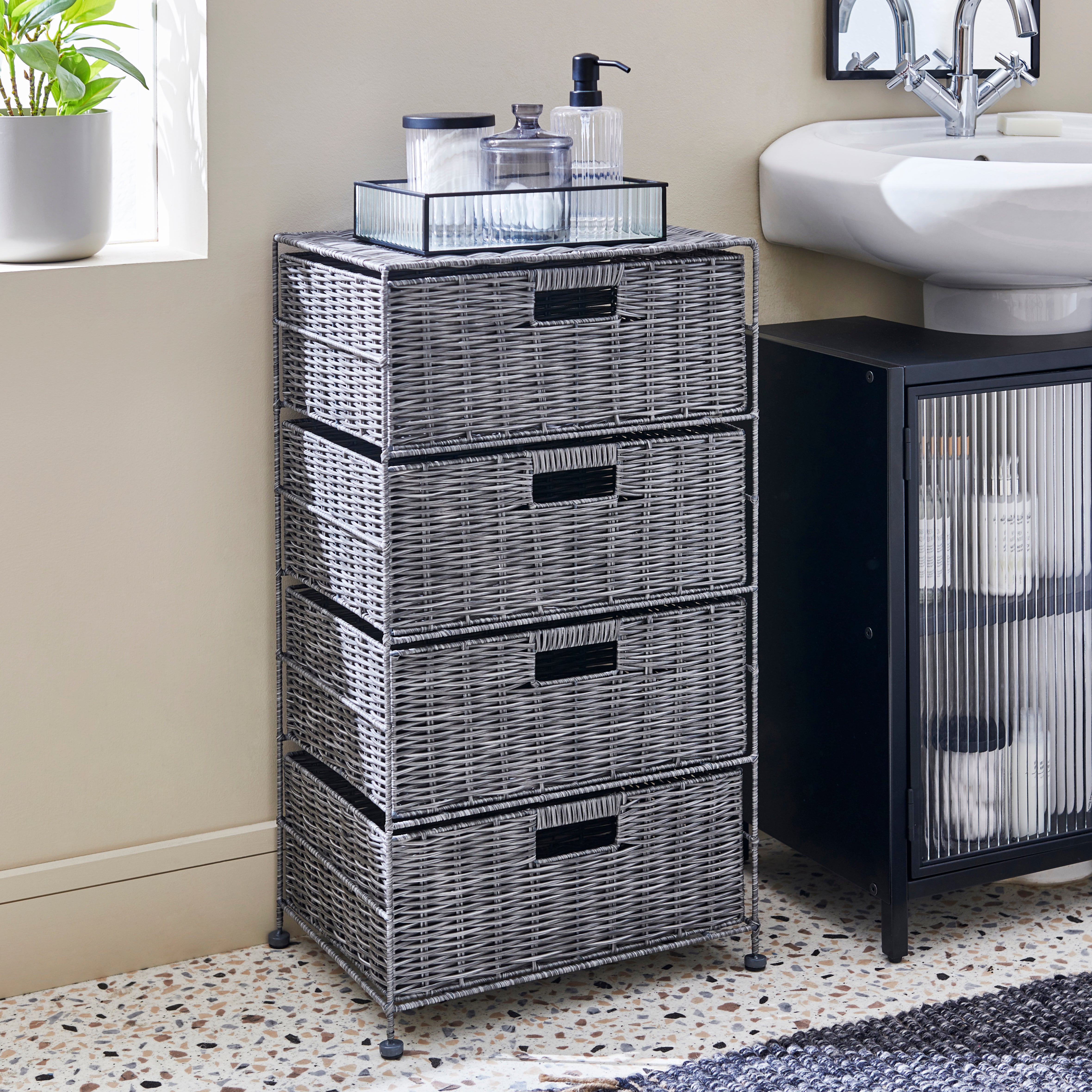 Recycled Plastic Grey Rattan Drawer Tower Dunelm