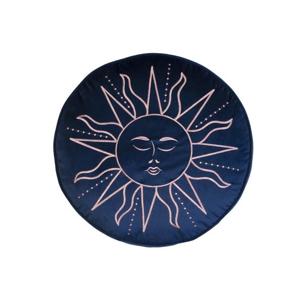 Skinny Dip Embroidered Sun Round Cushion Blue