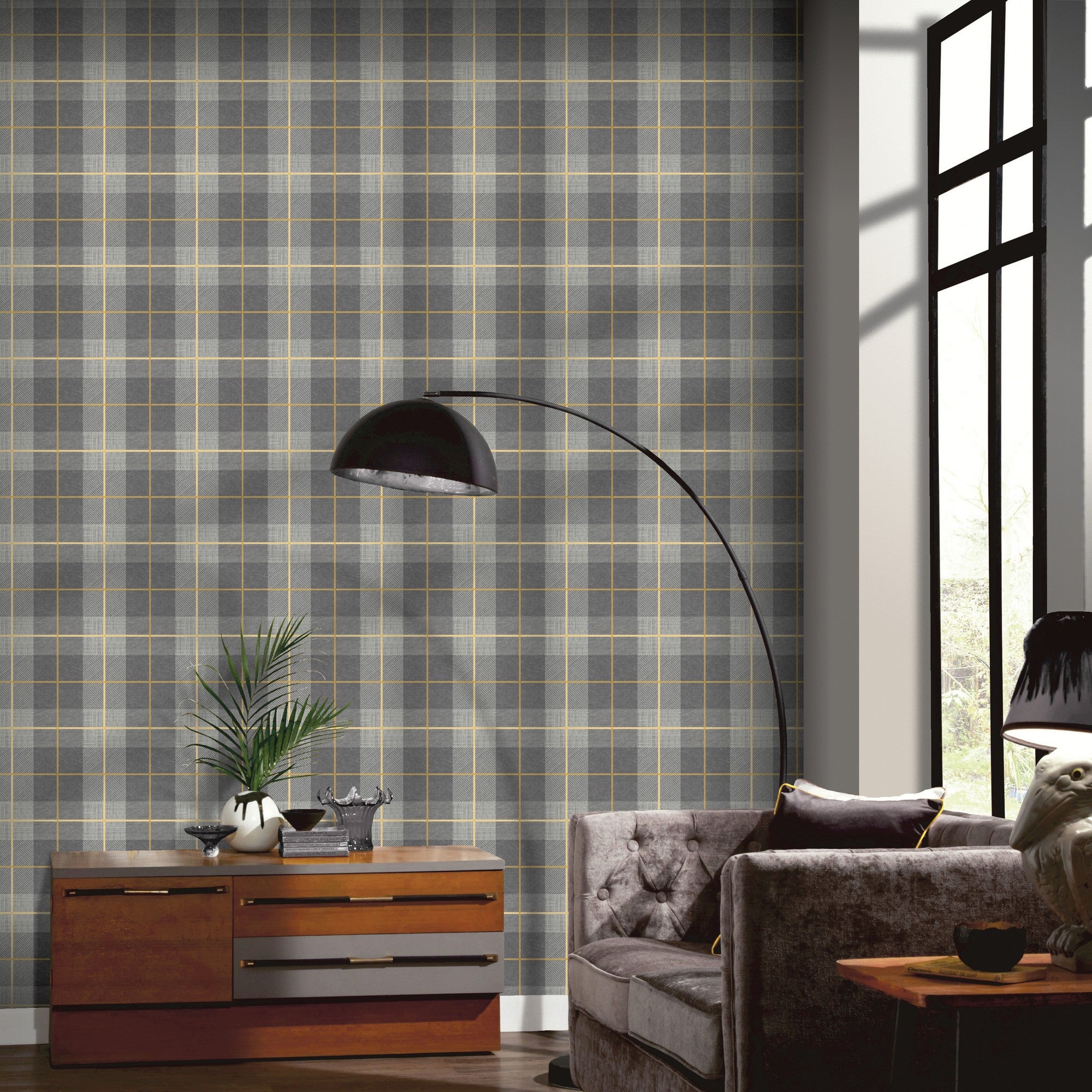 Click to view product details and reviews for Heritage Tartan Ochre And Grey Wallpaper Grey Yellow.