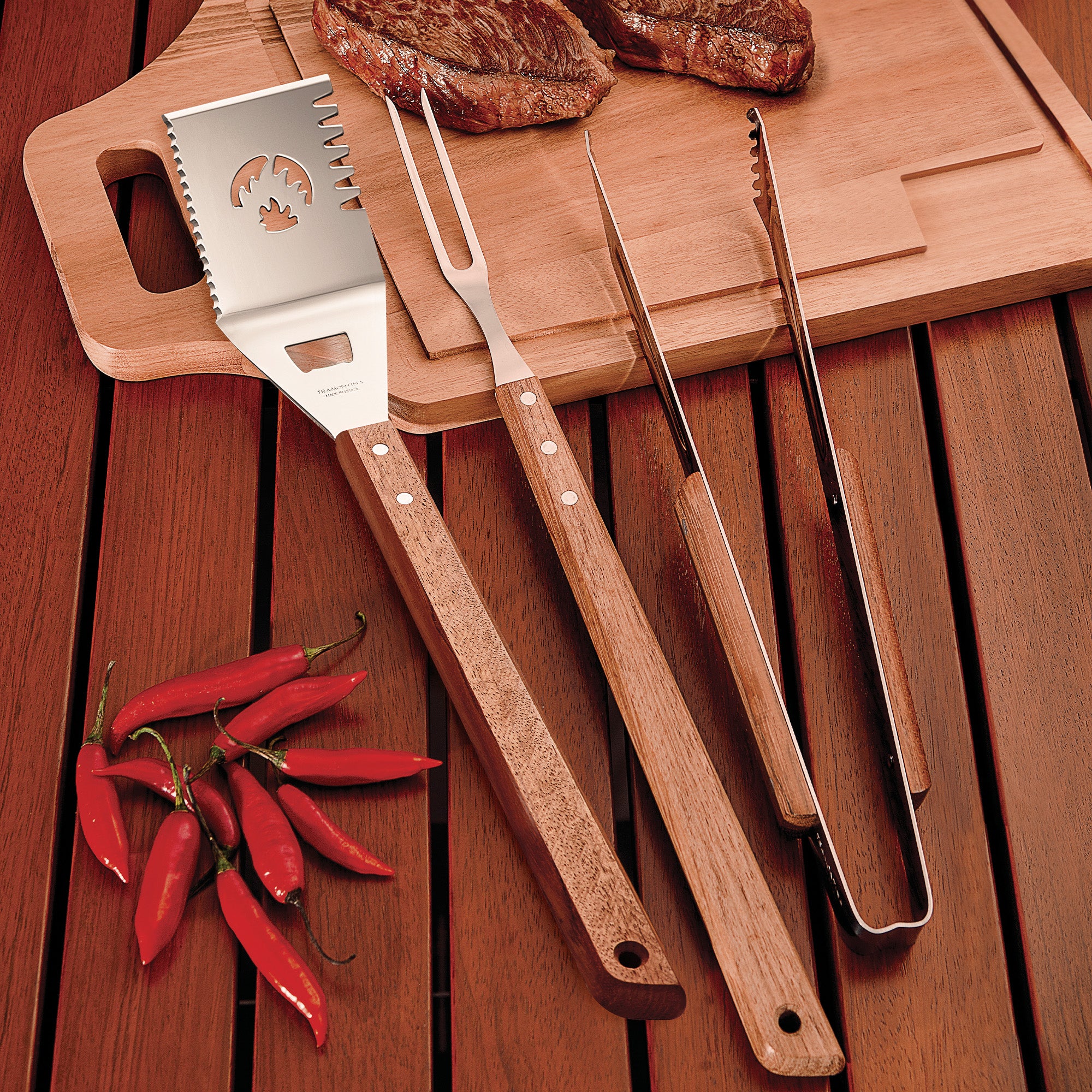 Set Of 3 Barbecue Tools Wood Brown