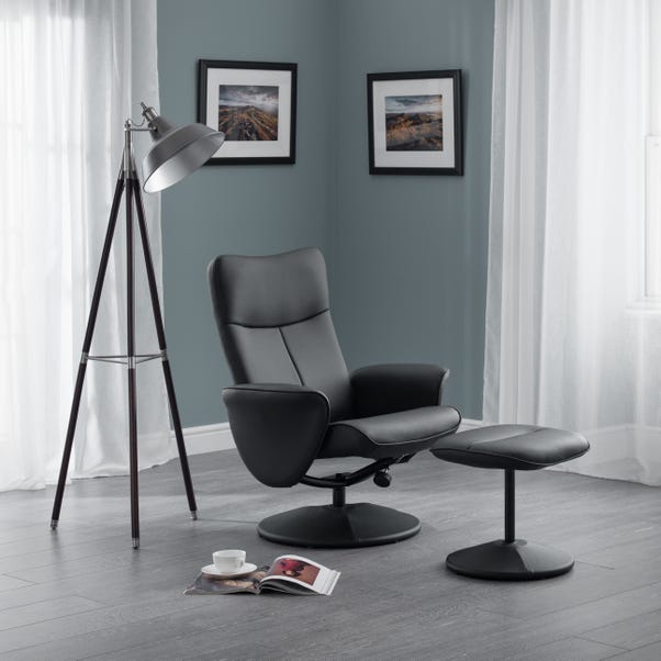 Lugano Faux Leather Black Recliner and Stool Black