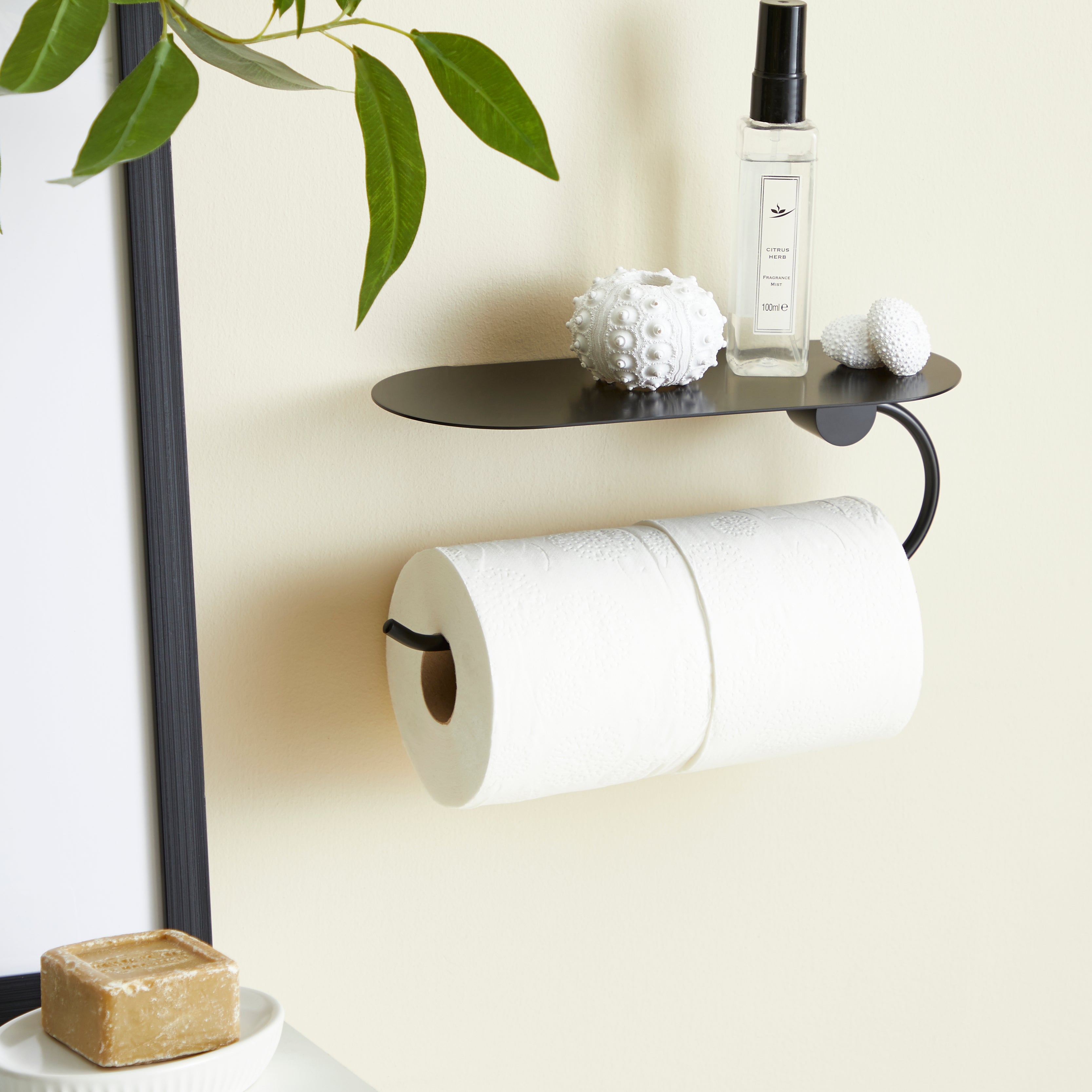 Wall-Mounted Burnt Wood & Black Metal Dual-Roll Toilet Paper Holder w/ Shelf