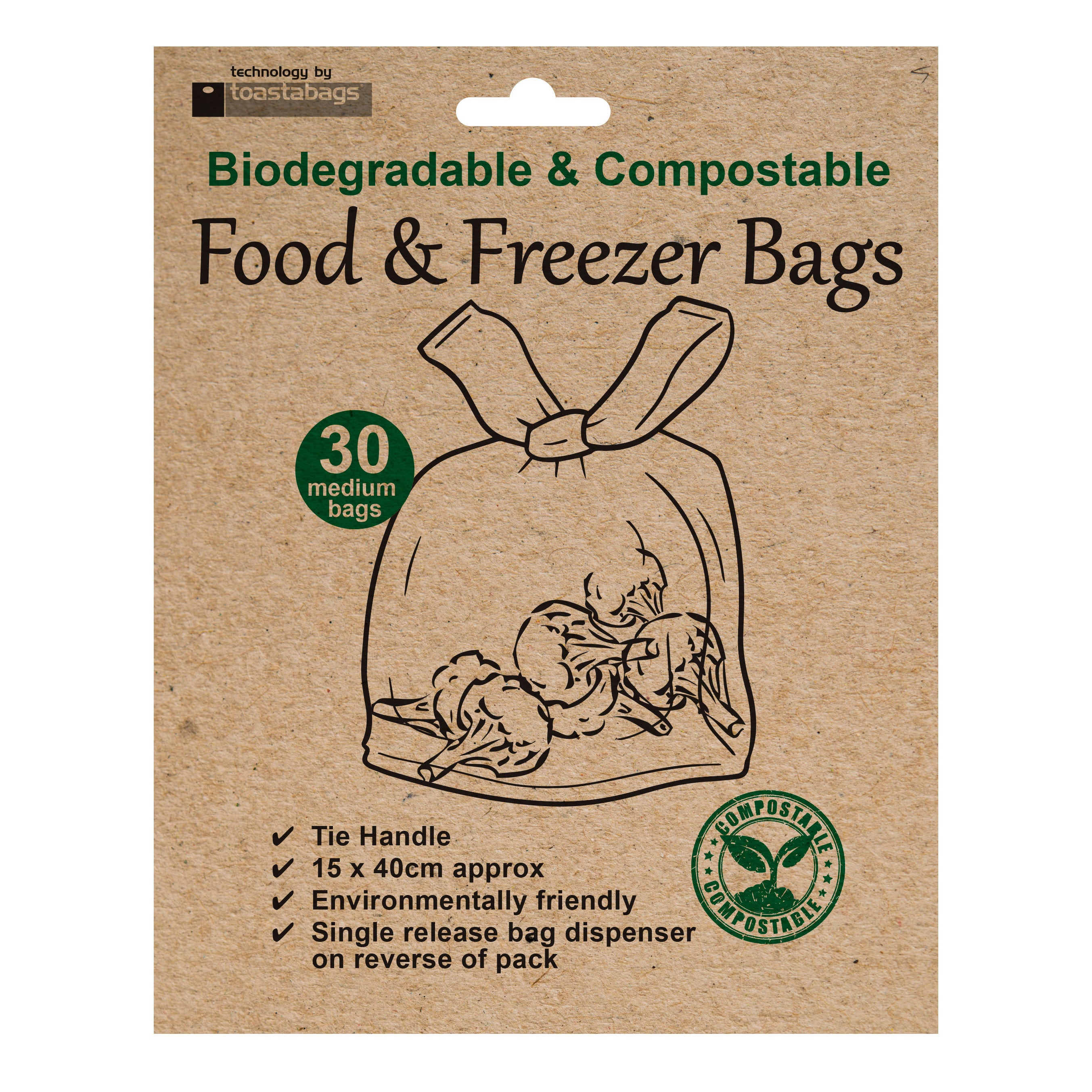 Pack of 30 Biodegradable Compostable Food Freezer Bags 15 x 40cm