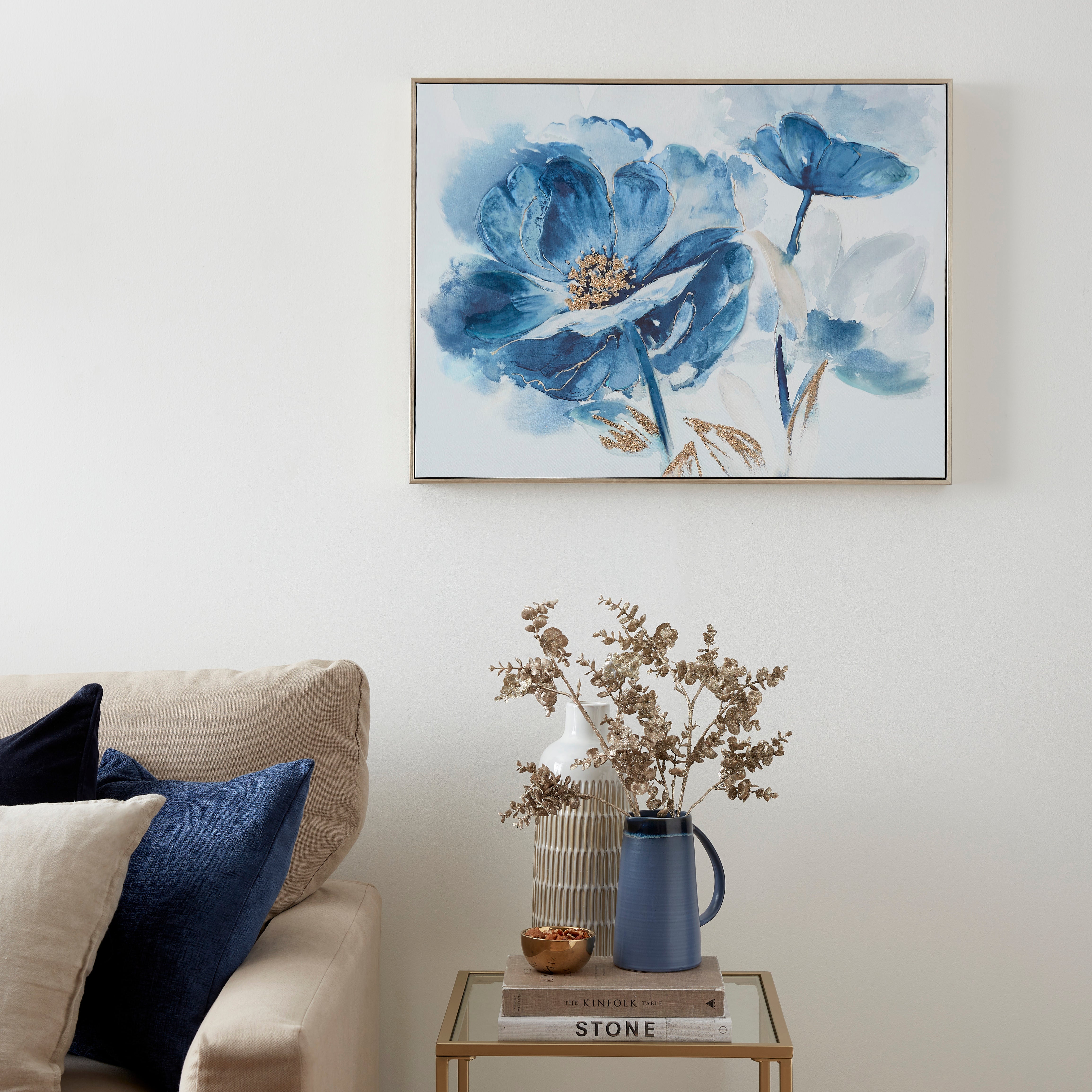 Gold Foil Blue Flower Capped Canvas 60x80cm | Dunelm
