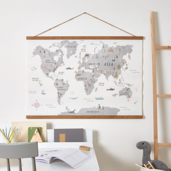 Kid's World Map Hanging Mural 85x60cm Grey