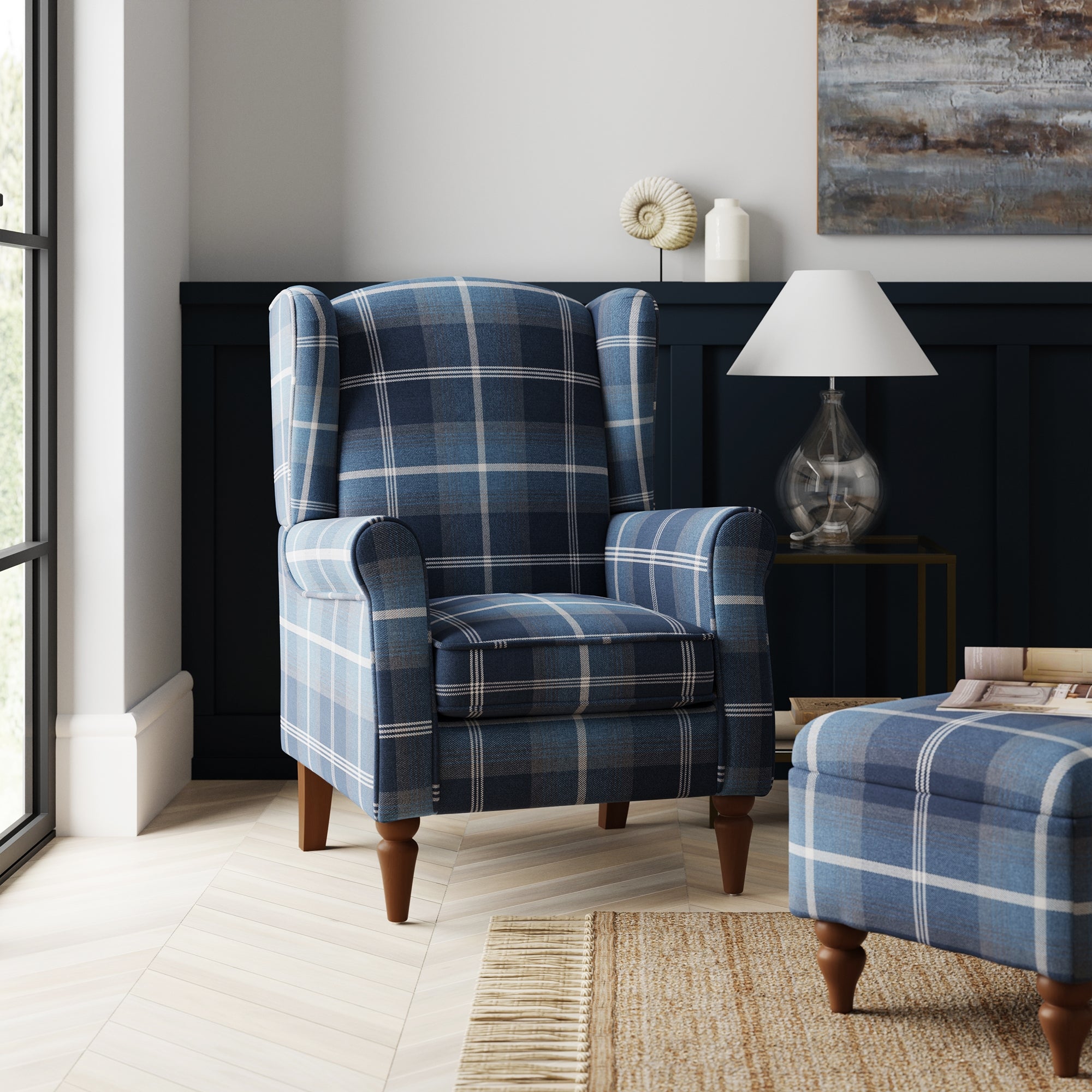 Oswald Check Wingback Armchair Navy Bluewhite
